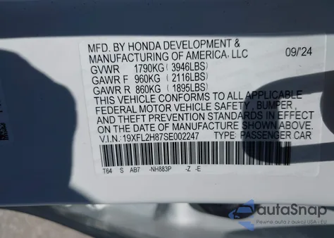 2025 Honda Civic Sport z USA, uszkodzony, nr VIN 19XFL2H87SE002247